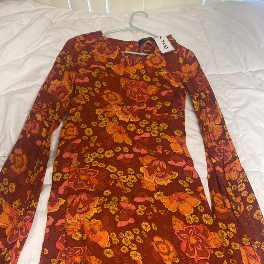 Cider XS Red floral flare long sleeve dress